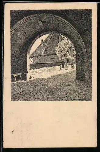 Künstler-AK Otto Ubbelohde: Tübingen, Blick durch das äussere Schlosstor