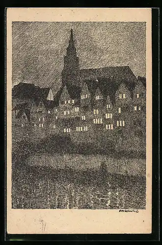 Künstler-AK Otto Ubbelohde: Tübingen, Stiftskirche am Neckar bei Nacht