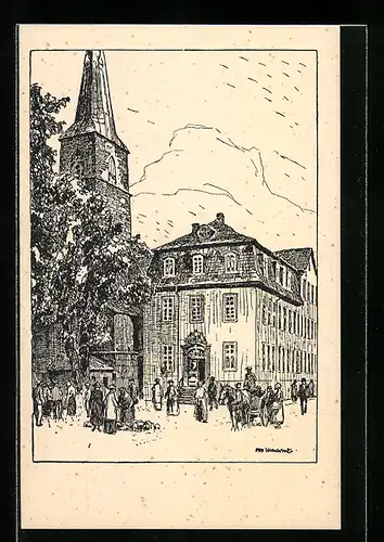 Künstler-AK Otto Ubbelohde: Hameln, Rathaus und Marktkirche am Perdemarkt