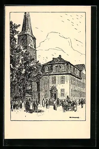 Künstler-AK Otto Ubbelohde: Hameln, Rathaus und Marktkirche am Perdemarkt