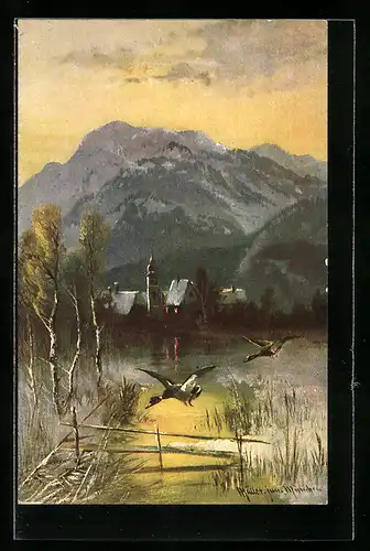 Künstler-AK M. Müller jun.: Enten im Anflug im winterlichen Ort