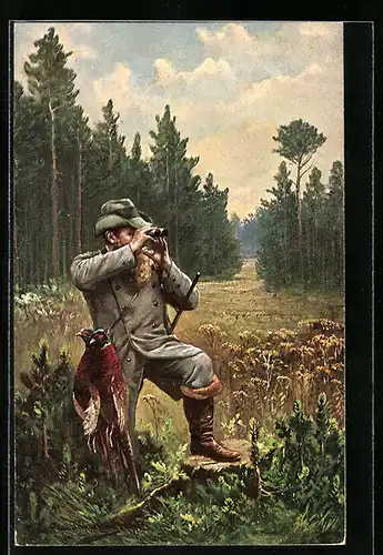 AK Jäger mit Fernglas und erlegten Fasanen