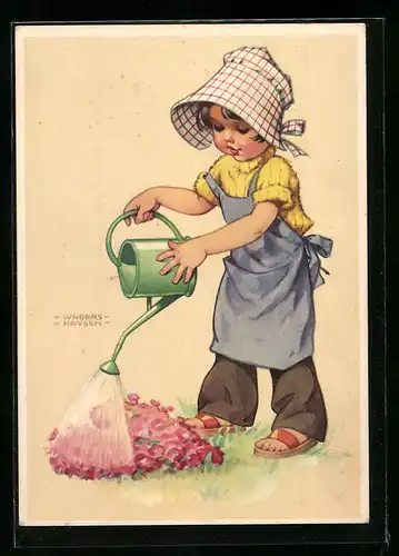 Künstler-AK Ilse Wende-Lungershausen: Kleine Gärtnerin giesst ein Blumenbeet