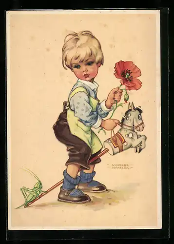 Künstler-AK Lungershausen: Kleiner Junge reitet auf einem Holzpferd mit einer Blume in der Hand