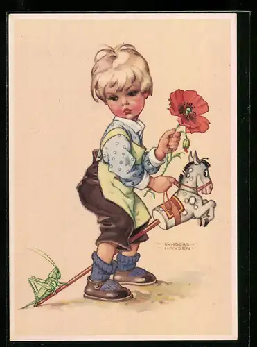 Künstler-AK Lungershausen: Kleiner Junge reitet auf einem Holzpferd mit einer Blume in der Hand