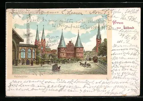 Lithographie Lübeck, Holstentor, Pferdewagen, Strassenbahn