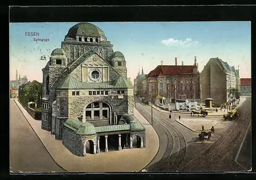 AK Essen, Synagoge mit Strassenpartie