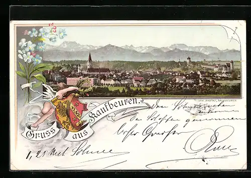 Lithographie Kaufbeuren, Ortsansicht mit Bergpanorama und Wappen