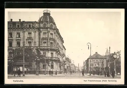 AK Karlsruhe, Karl Friedrichstrasse mit Hotel Germania