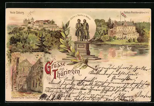 Lithographie Paulinzella / Thür., Klosterruine, Schiller u. Goethe i. Weimar, Veste Coburg & Schloss Reinhardsbrunn