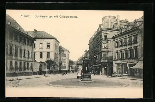 AK Mainz, Schillerstrasse mit Geschäften und Offizierskasino