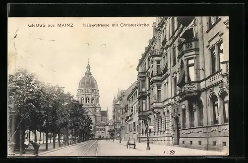 AK Mainz, Kaiserstrasse mit Christuskirche