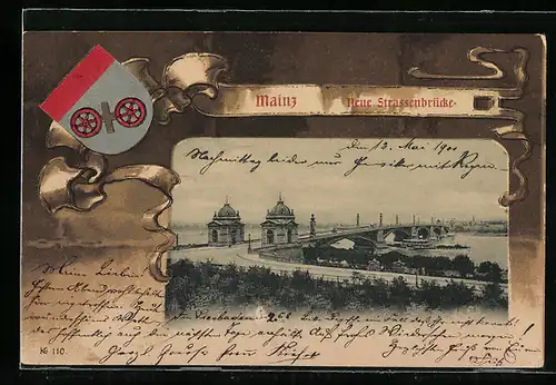 Passepartout-AK Mainz, Neue Strassenbrücke und Wappen