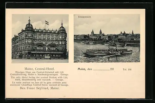 AK Mainz, Central-Hotel, Totalansicht