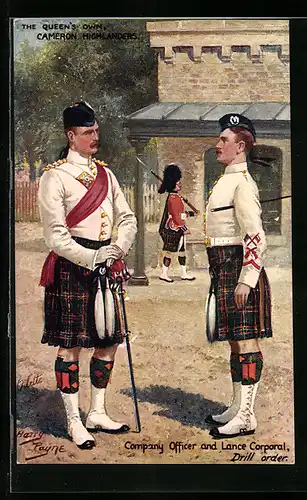 Künstler-AK Harry Payne: The Queen`s Own, Cameron Highlanders, Company Officer and Lance Corporal, Drill order