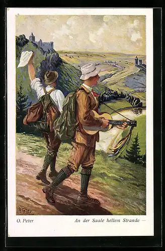 Künstler-AK O. Peter: Zwei Wanderer mit Gitarre an der Saale