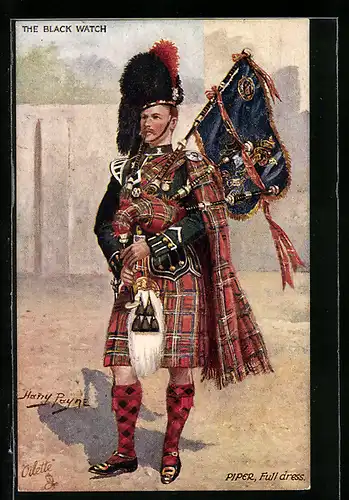 Künstler-AK Harry Payne: The Black Watch, Piper in Full Dress