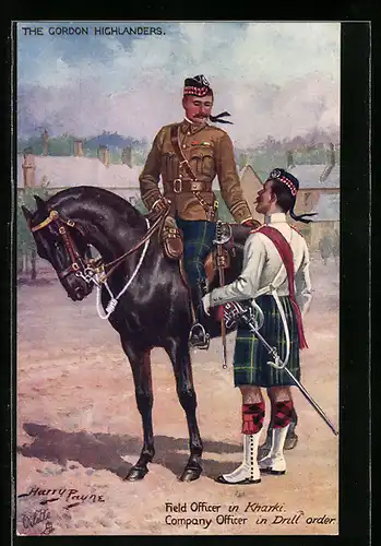 Künstler-AK Harry Payne: The Gordon Highlanders, Field Officier in Kharki, Company Officier in Drill order