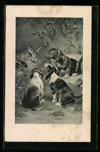 Künstler-AK Carl Reichert: Drei Dackel mit zwei Hasen