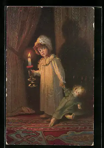 Künstler-AK Arno von Riesen: Kind mit Puppe beim Schlafengehen