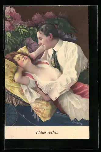 Künstler-AK Arno von Riesen: Flitterwochen, Frau liegt in den Armen des Mannes