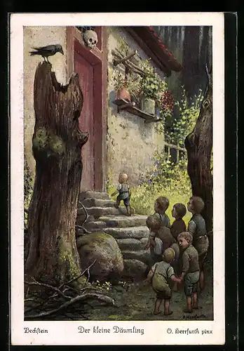 Künstler-AK Oskar Herrfurth: Märchen Der kleine Däumling, sieben Buben vor dem Elternhaus