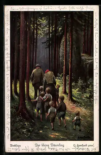 Künstler-AK Oskar Herrfurth: Der kleine Däumling Nr. 1, Familie mit Buben im Wald