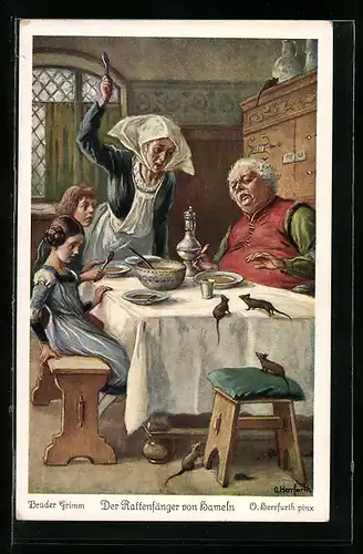 Künstler-AK Oskar Herrfurth: Brüder Grimm, Der Rattenfänger von Hameln, Frau verscheucht Ratten vom Tisch, Märchen