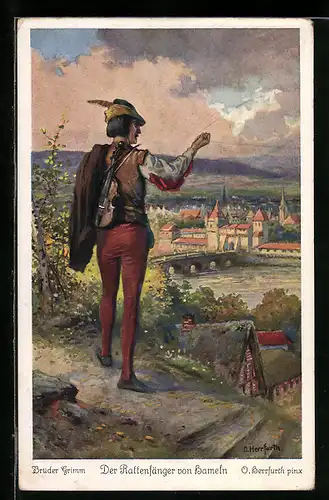 Künstler-AK Oskar Herrfurth: Brüder Grimm, Der Rattenfänger von Hameln erscheint in Gestalt eines Jägers, Märchen