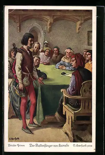 Künstler-AK Oskar Herrfurth: Brüder Grimm - Der Rattenfänger von Hameln