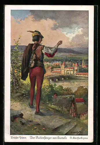 Künstler-AK Oskar Herrfurth: Brüder Grimm, Der Rattenfänger von Hameln erscheint in Gestalt eines Jägers, Märchen