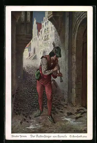Künstler-AK Oskar Herrfurth: Brüder Grimm, Der Rattenfänger von Hameln, Märchen