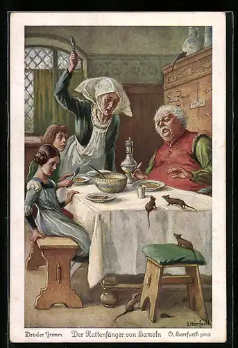 Künstler-AK Oskar Herrfurth: Brüder Grimm, Der Rattenfänger von Hameln, Frau verscheucht Ratten vom Tisch, Märchen