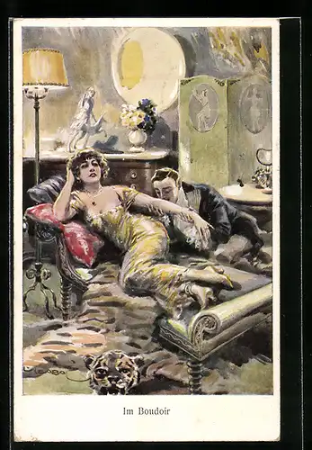 Künstler-AK Luis Usabal: Dame geniesst liegend die Liebkosungen ihres Geliebten
