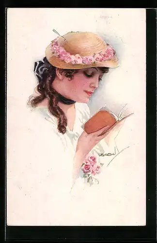 Künstler-AK Luis Usabal: Junge Frau liest in einem Buch