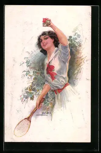 Künstler-AK Luis Usabal: Fräulein mit einem Tennisschläger