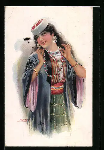 Künstler-AK Luis Usabal: Frau in exotischer Kleidung