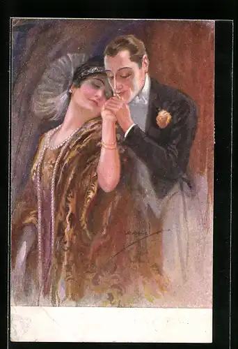 Künstler-AK Luis Usabal: Kavalier küsst seiner Herzensdame die Hand