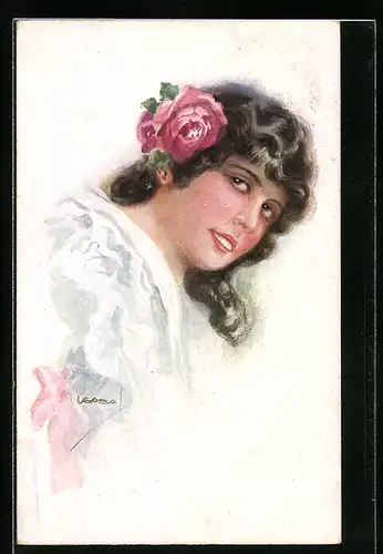 Künstler-AK Luis Usabal: Junge Frau mit Blumen im Haar