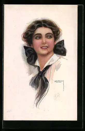 Künstler-AK Luis Usabal: Frau mit Haarschleife und Kirchen