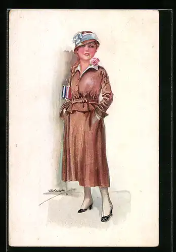 Künstler-AK Luis Usabal: Elegante Dame im Mantel und Rose im Mund