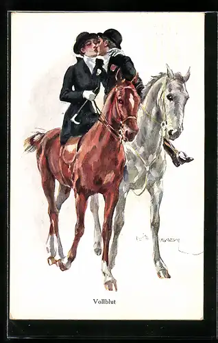 Künstler-AK Luis Usabal: Vollblut, Liebespaar auf Pferden