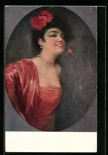 Künstler-AK Luis Usabal: Frau im Roten Kleid mit Nelke