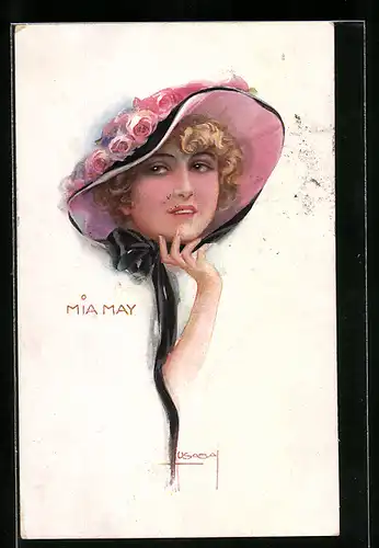 Künstler-AK Luis Usabal: Mia May, Junge Dame mit Blumenhut