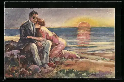 Künstler-AK Luis Usabal: Mann und Frau zusammen bei Sonnenuntergang