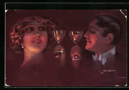 Künstler-AK Luis Usabal: Paar mit Sektgläsern