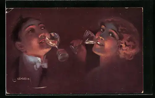 Künstler-AK Luis Usabal: Paar trinkt aus Sektgläsern