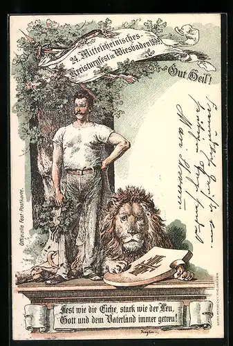 Lithographie Wiesbaden, 24. Mittelrheinisches Kreisturnfest 1899, Siegreicher Turner und Löwe