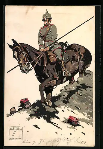 Künstler-AK Ludwig Hohlwein: Feldgrauer Reiter und gefallener Franzose