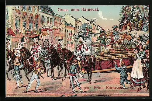 AK Prinz Karneval mit Festwagen im Karnevalsumzug